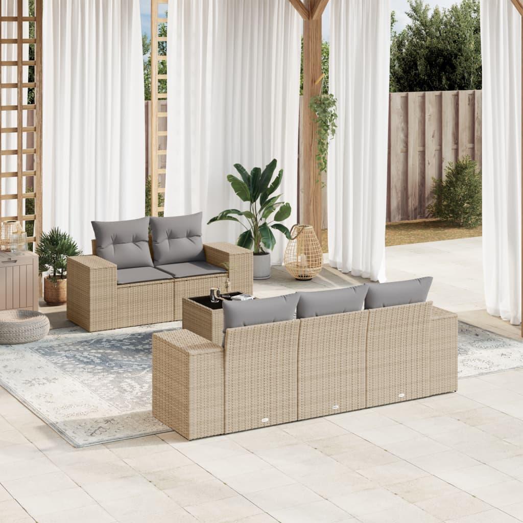 Sofasæt til haven i polyrattan - 6 dele med hynder, beige