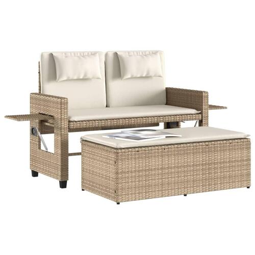 Havebænk med hynder og lænefunktion polyrattan beige