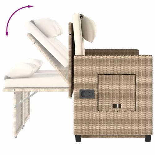 Havebænk med hynder og lænefunktion polyrattan beige
