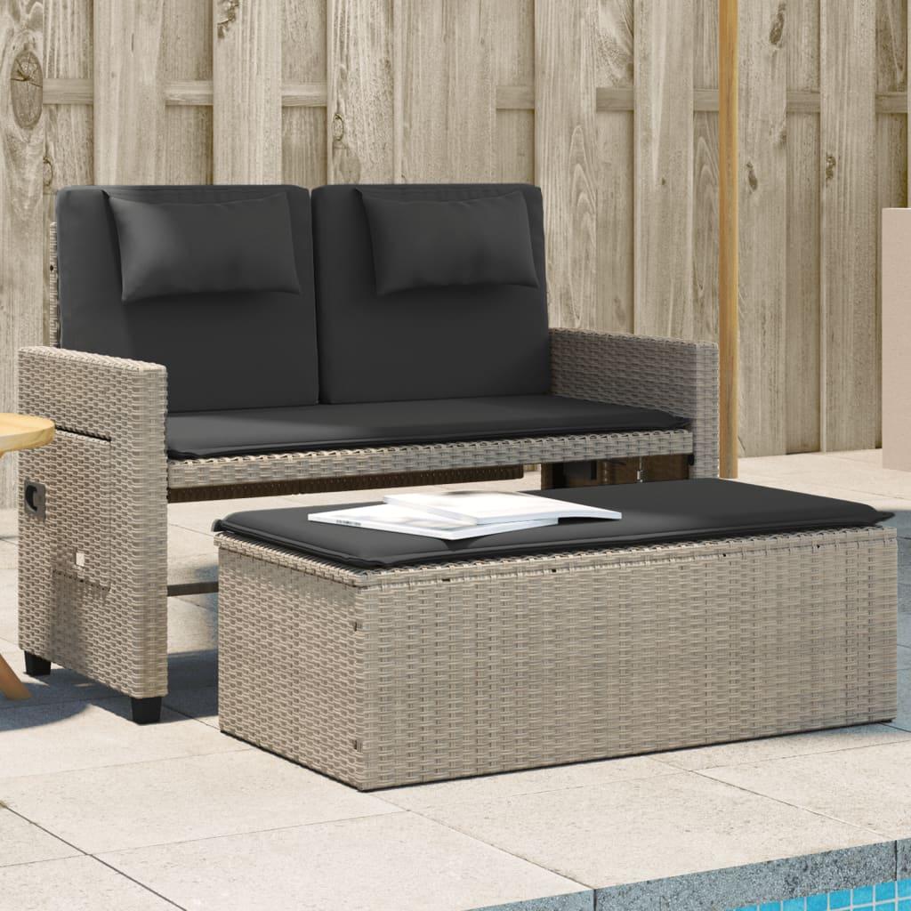 Havebænk med hynder og lænefunktion polyrattan lysegrå