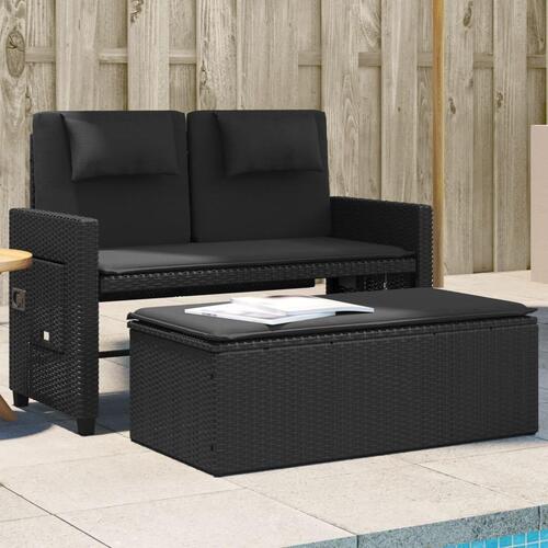 Havebænk med hynder og lænefunktion polyrattan sort
