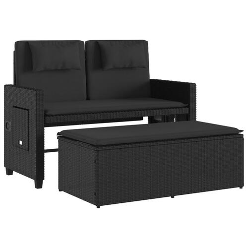 Havebænk med hynder og lænefunktion polyrattan sort