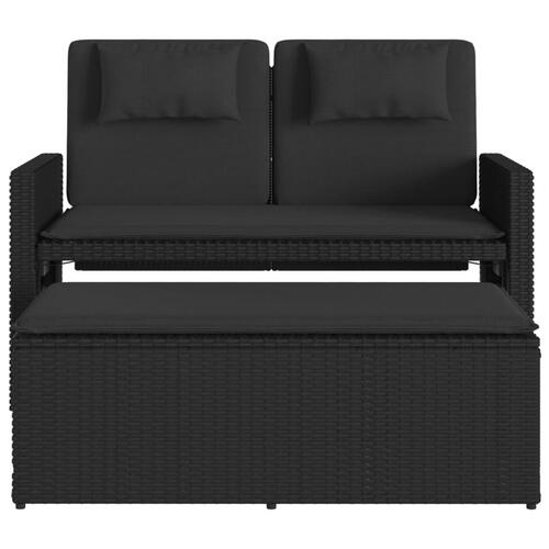 Havebænk med hynder og lænefunktion polyrattan sort
