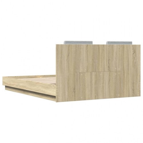 Sengeramme med sengegavl og LED-lys 150x200 cm sonoma-eg