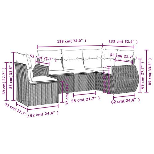 Sofasæt 5 dele med hynder polyrattan grå