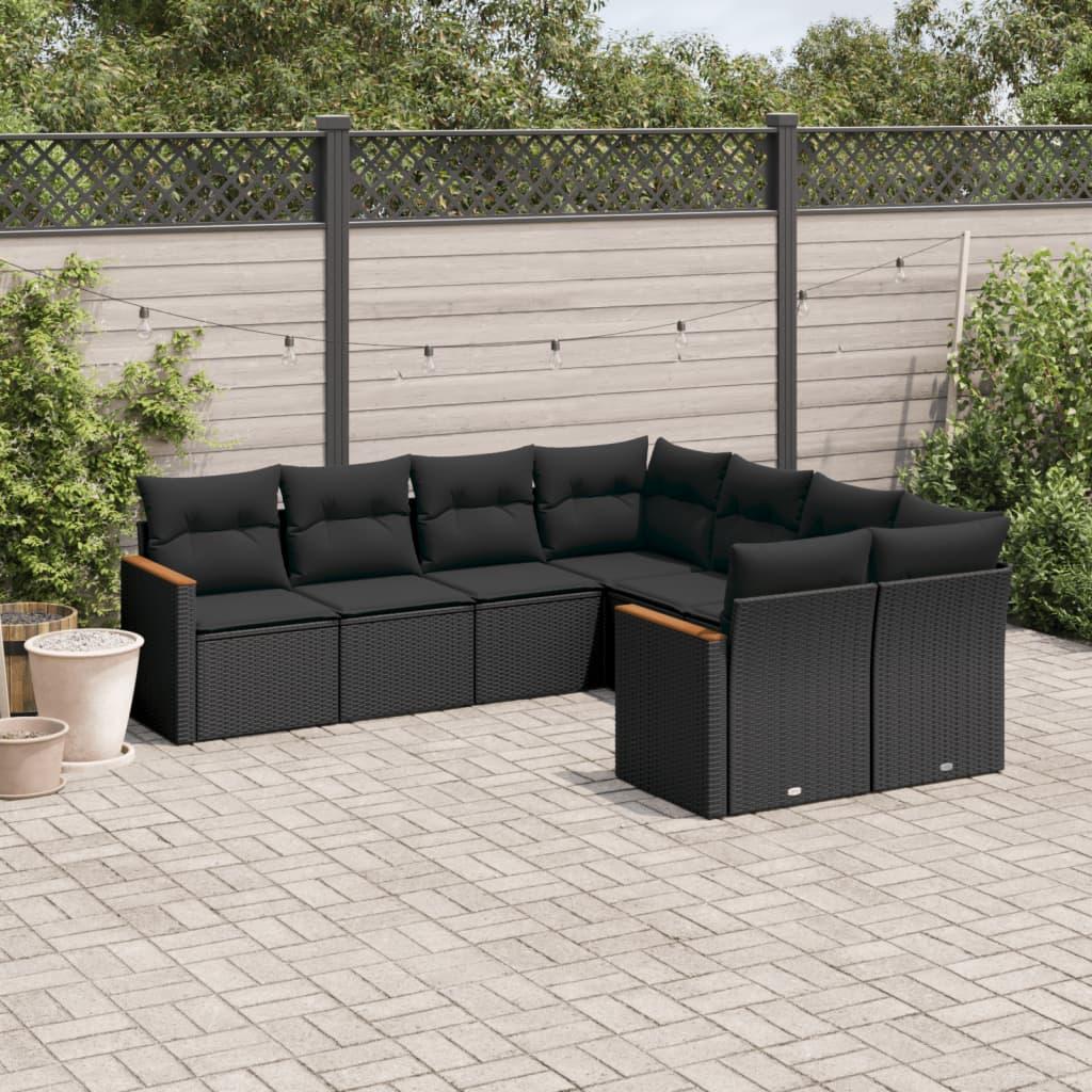 Sofasæt til haven i polyrattan - 8 dele med hynder, sort