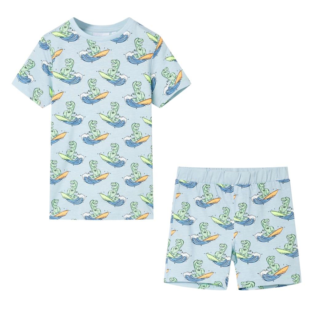Pyjamas til børn str. 104 - kortærmet, lyseblå med surfende dinosaur billede