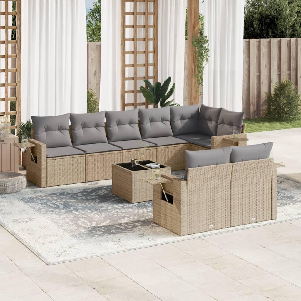 Havesofasæt i polyrattan, 9 dele med hynder - beige billede