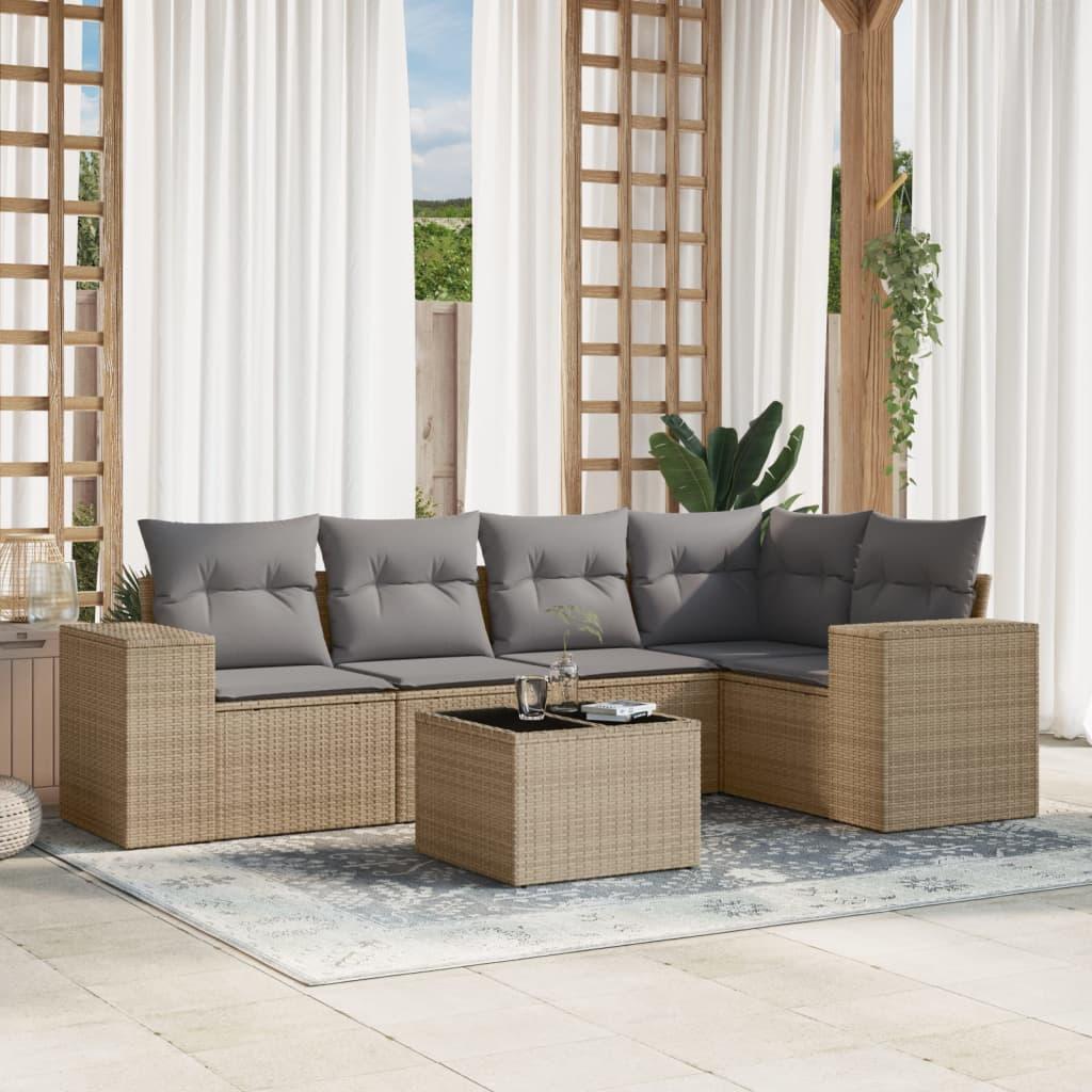 Sofasæt til haven i polyrattan - 6 dele med hynder, beige