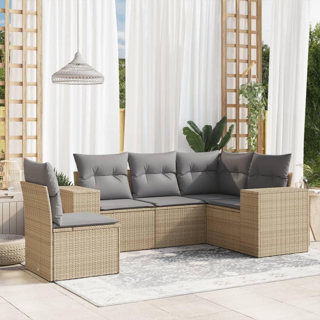Sofasæt til haven 5 dele med hynder polyrattan beige