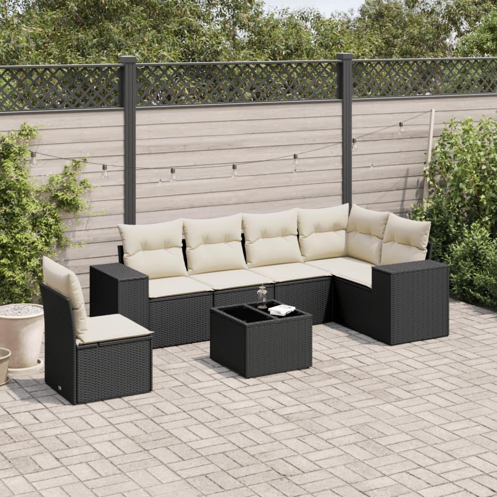 Sofasæt til haven 7 dele med hynder i polyrattan - sort