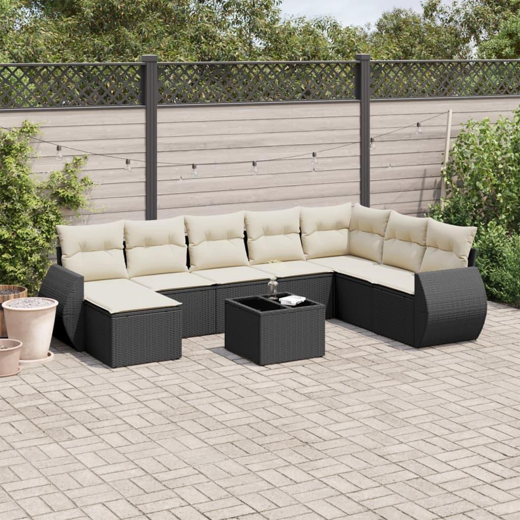 Sofasæt til haven 9 dele med hynder i polyrattan sort/creme