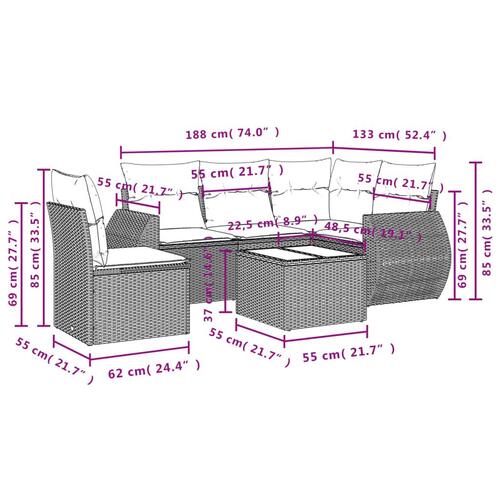 Sofasæt til haven 6 dele med hynder polyrattan grå
