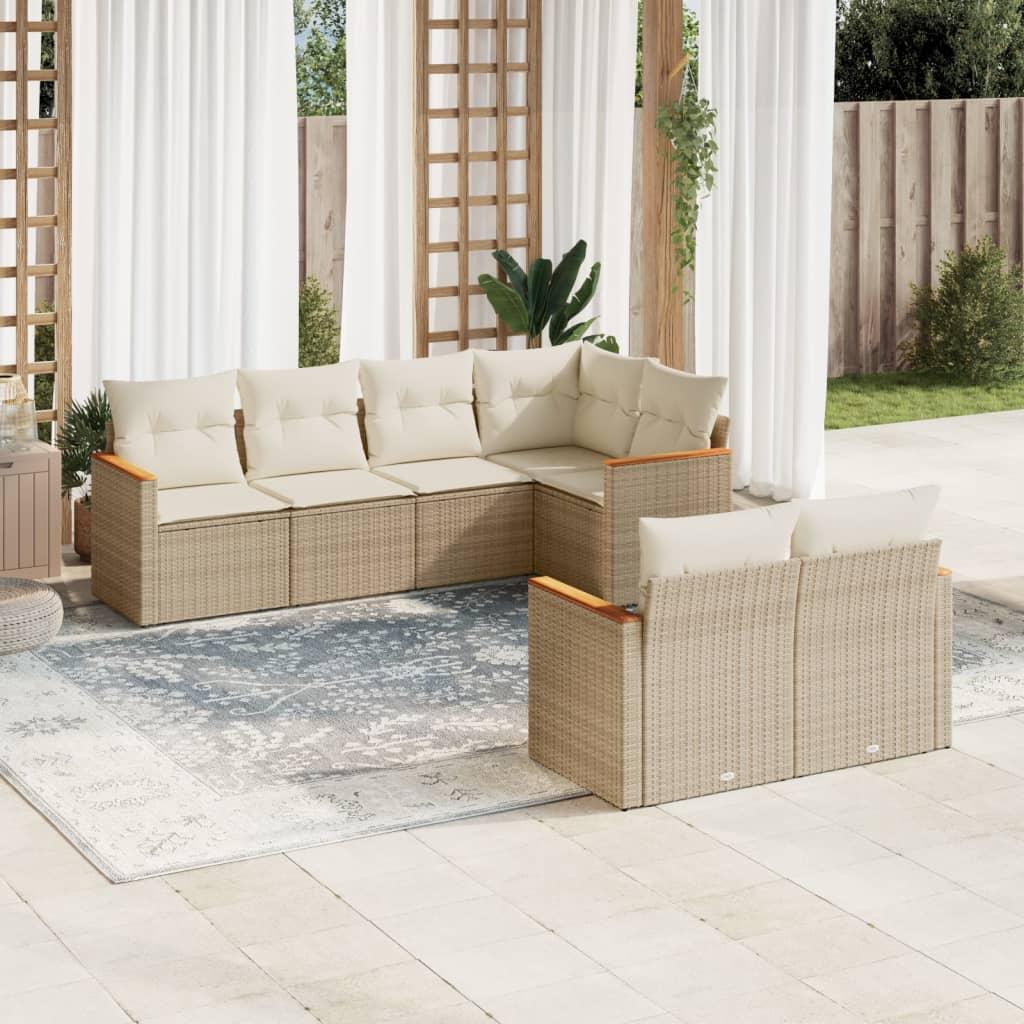 Sofasæt til haven i polyrattan - 7 dele med hynder, beige