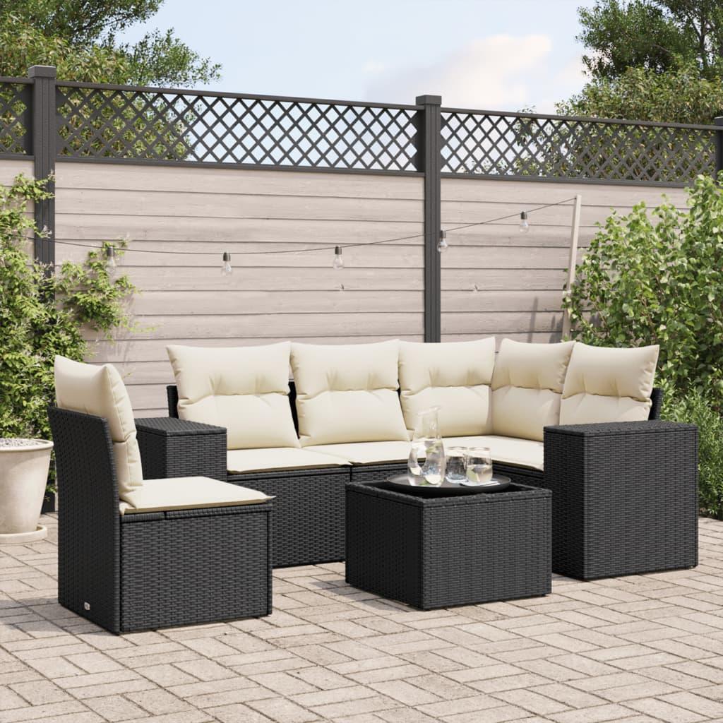Sofasæt til haven i polyrattan - 6 dele med hynder, sort