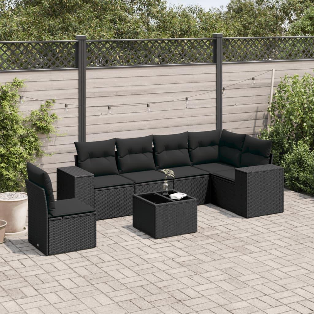 Sofasæt til haven i polyrattan - 7 dele med hynder, sort