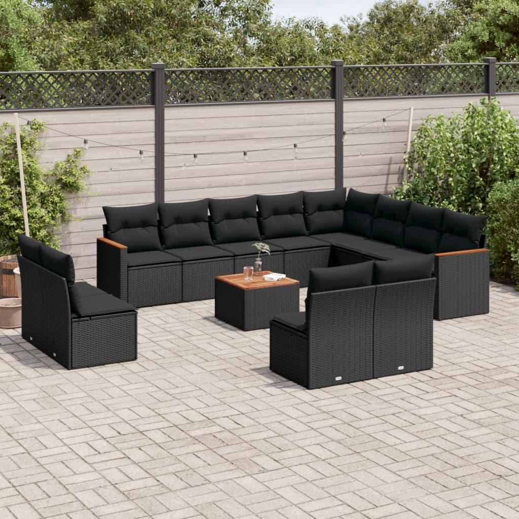 Sofasæt til haven i polyrattan - 13 dele med hynder, sort