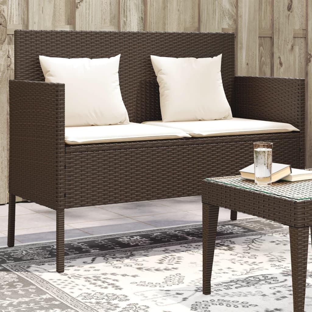 Havebænk med hynder polyrattan brun