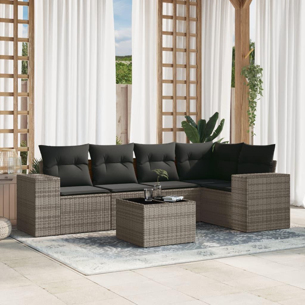 Sofasæt til haven - 6 dele med hynder i polyrattan, grå