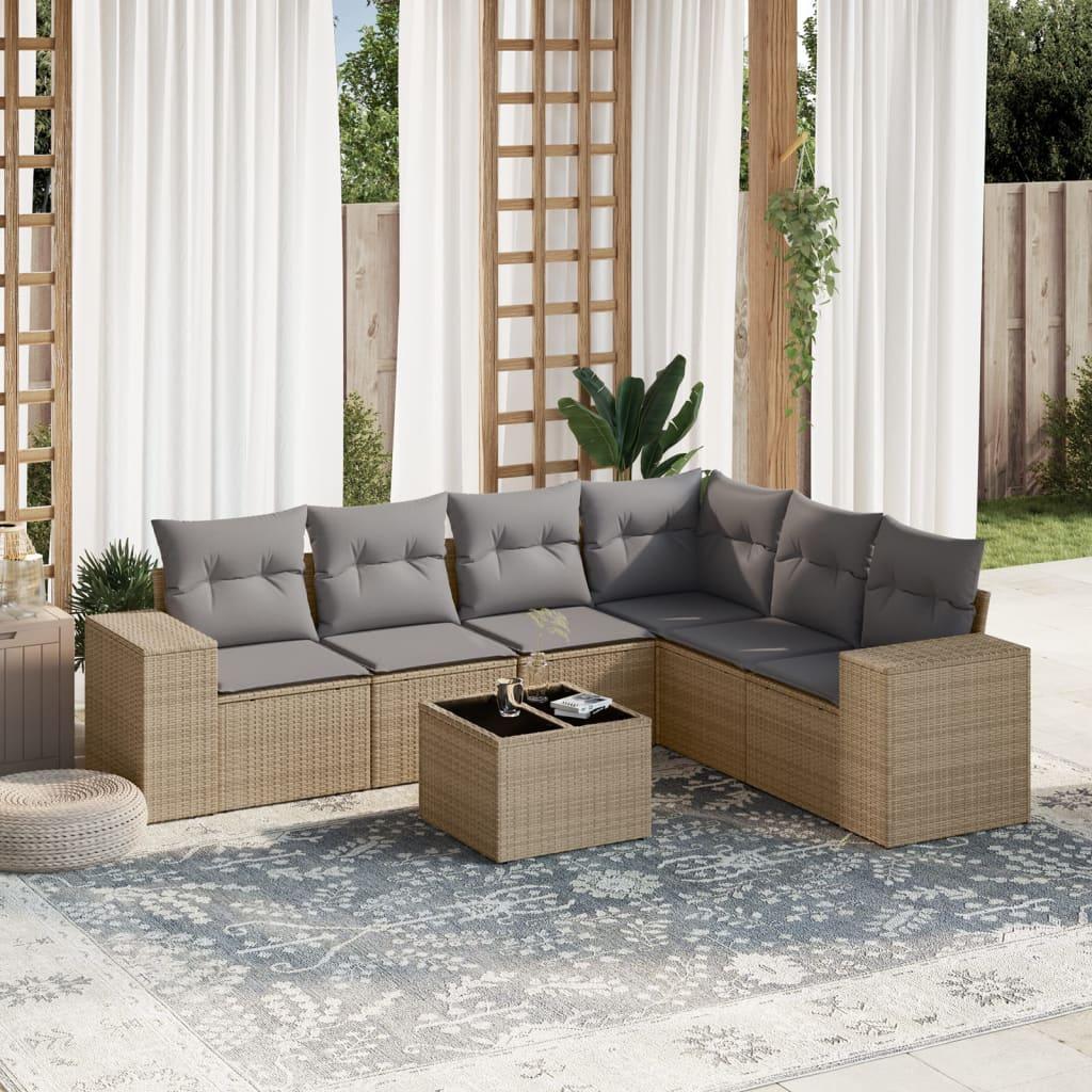 Sofasæt til haven 7 dele med hynder polyrattan beige billede