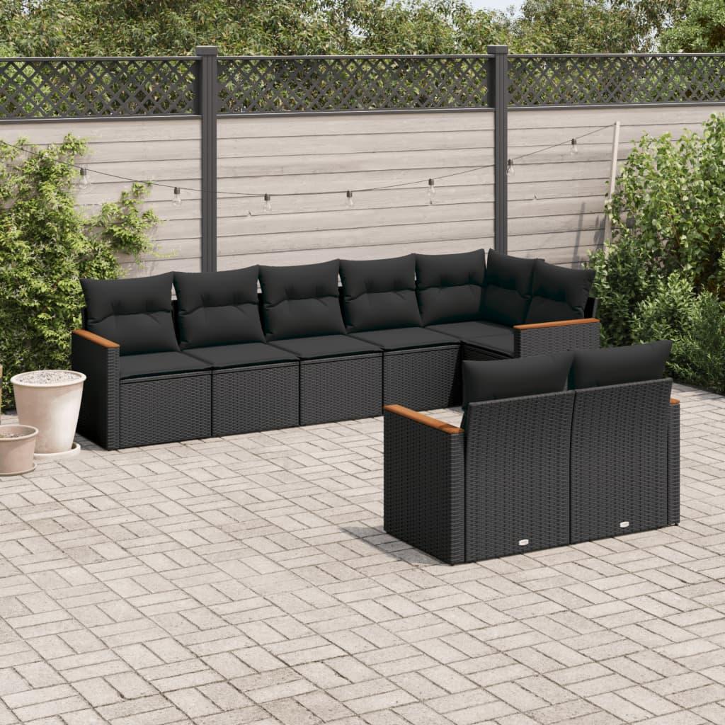 Sofasæt til haven i polyrattan - 8 dele med hynder, sort