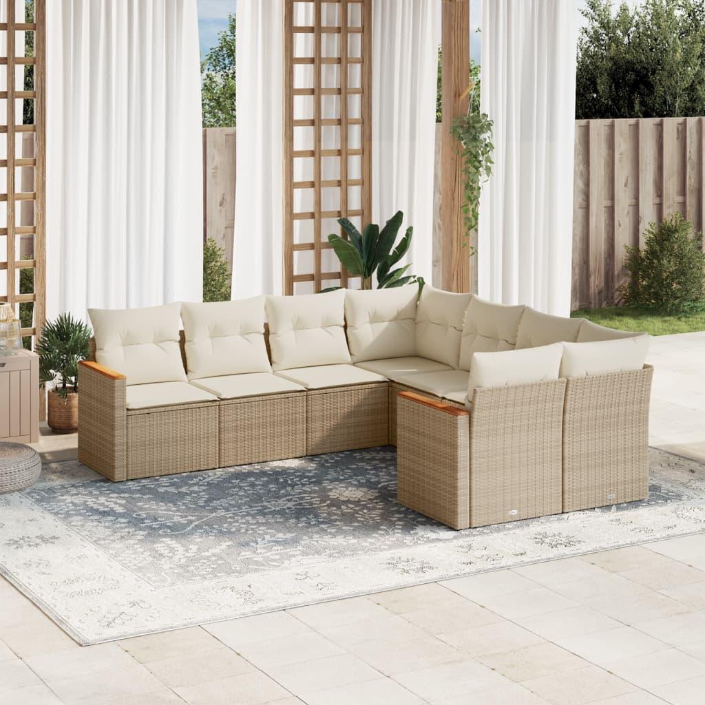 Sofasæt til haven i polyrattan - 8 dele med hynder, beige