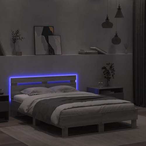 Sengeramme med sengegavl og RGB LED-lys 135x190 cm - grå sonoma-eg