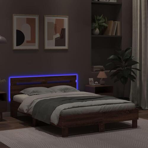 Sengeramme med sengegavl og LED-lys 120x190 cm brunt egetræ