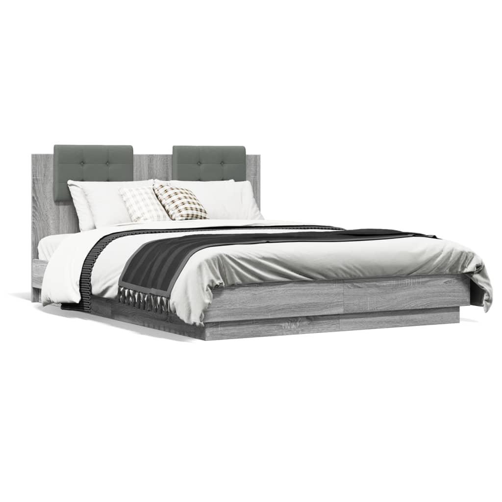 Sengeramme med sengegavl og LED-lys 120x190 cm grå sonoma-eg