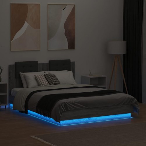 Sengeramme med sengegavl og LED-lys 120x190 cm grå sonoma-eg