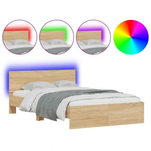 Sengeramme med sengegavl og LED-lys - sonoma-eg, 135 x 190 cm