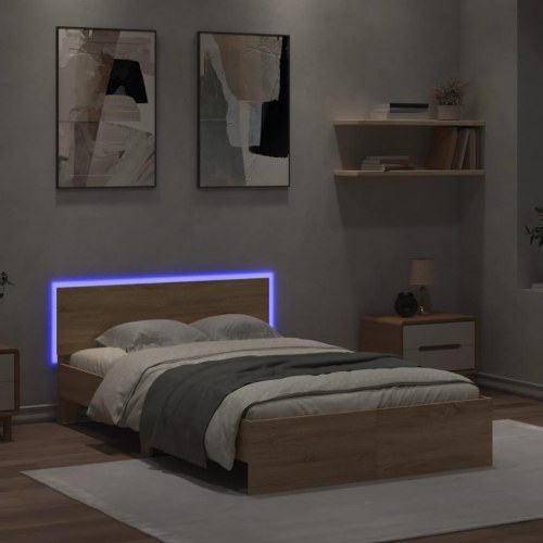 Sengeramme med sengegavl og LED-lys - sonoma-eg, 135 x 190 cm