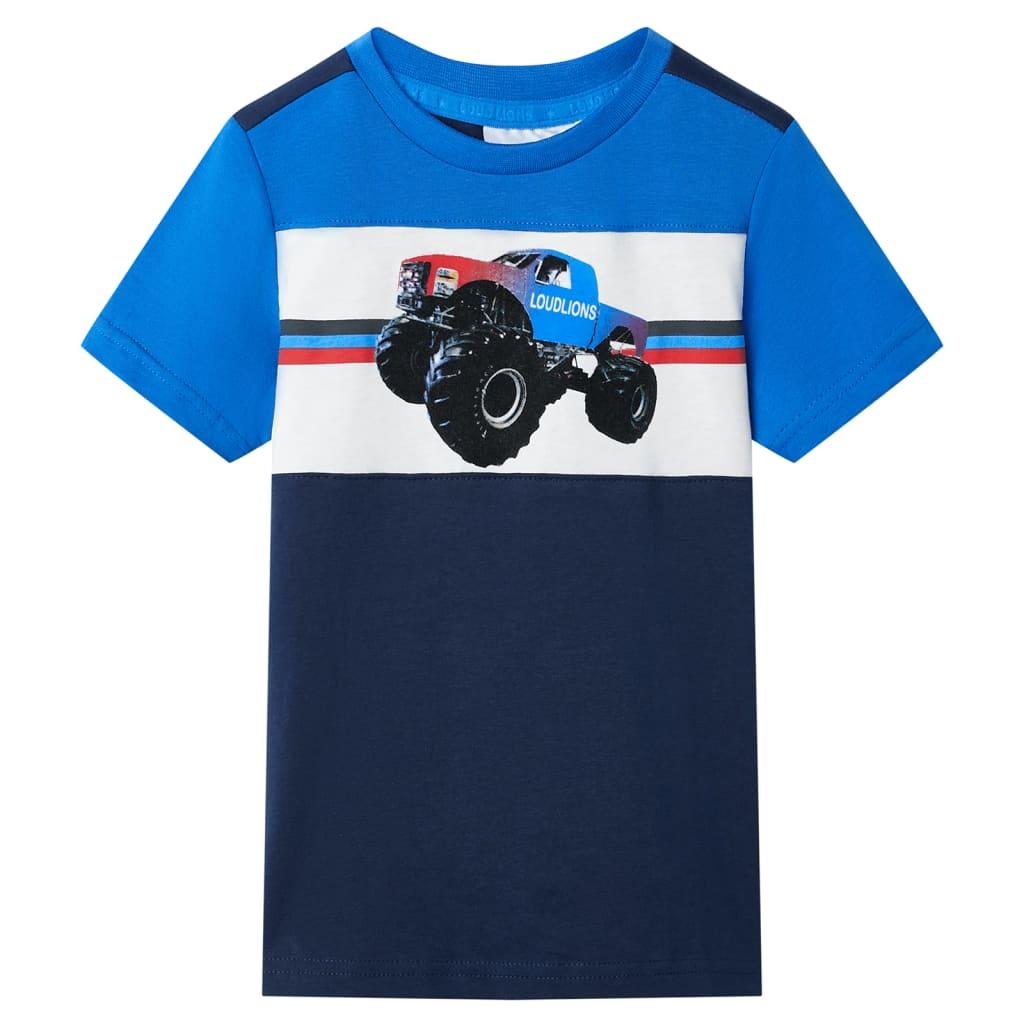 T-shirt til børn str. 92 - blå/marineblå med bilprint billede
