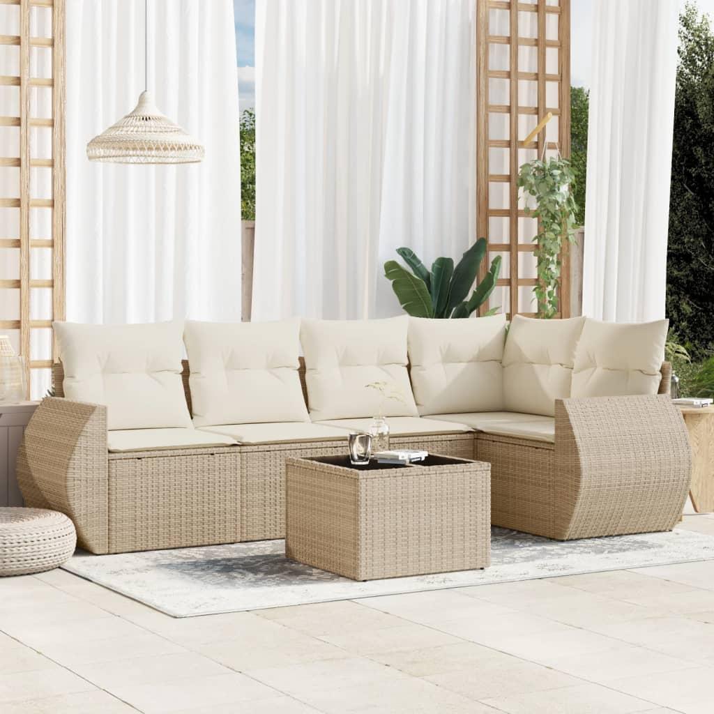 Sofasæt til haven 6 dele med hynder i polyrattan beige
