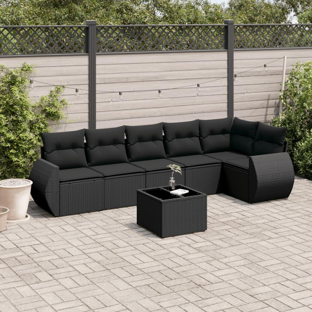 Sofasæt til haven i polyrattan - 7 dele med hynder, sort