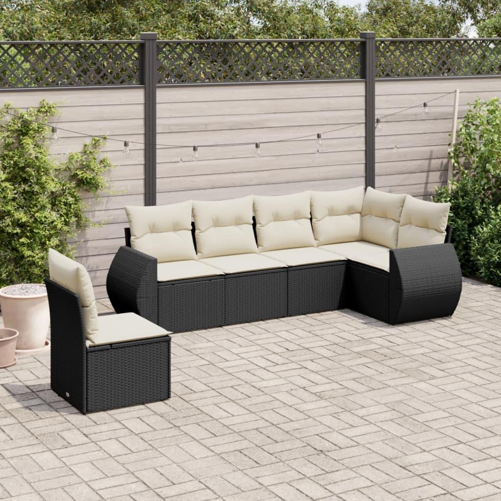 Havesofasæt i polyrattan - 6 dele med hynder, sort