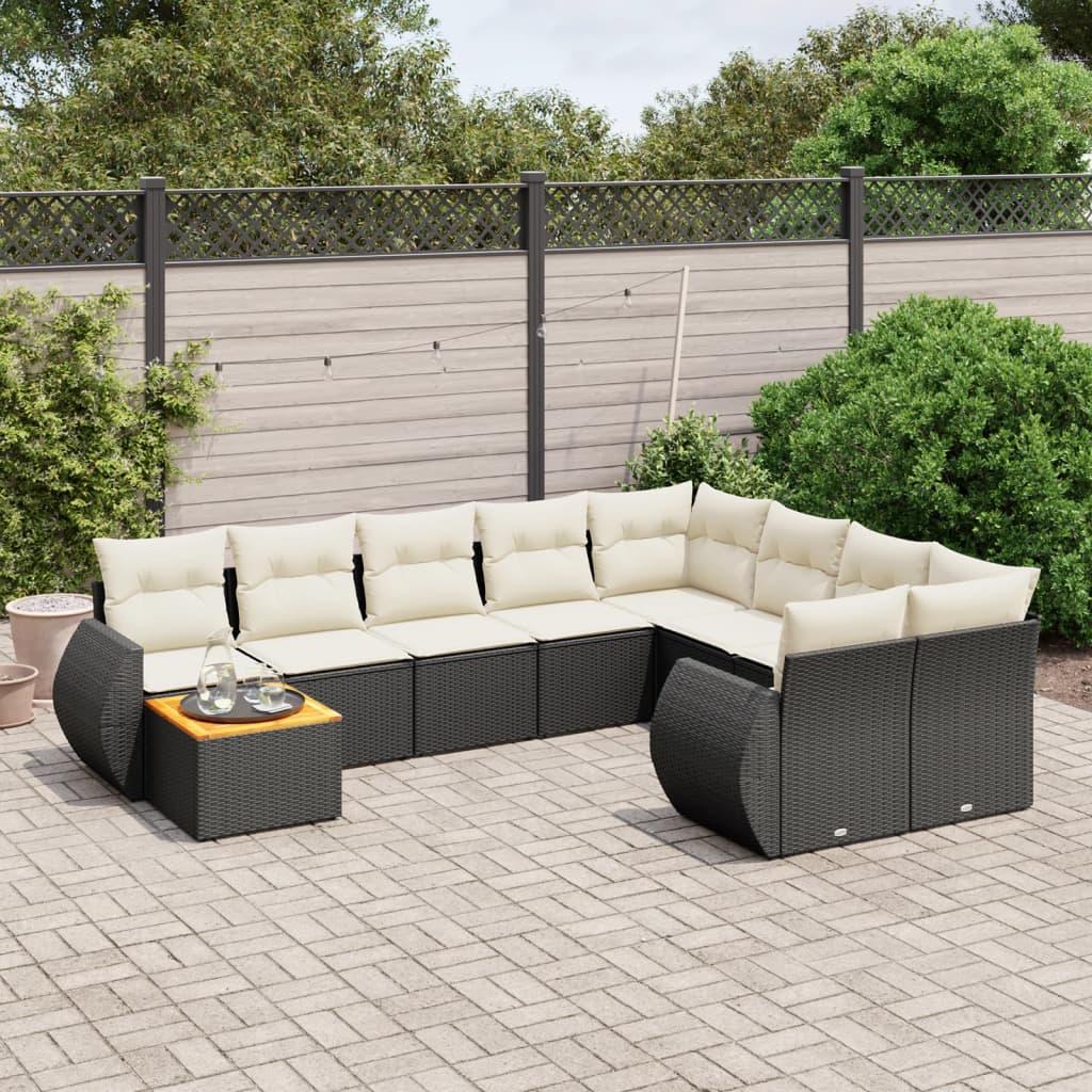 Sofasæt til haven i polyrattan - 10 dele med hynder, sort