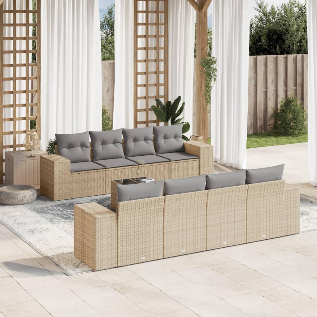 Havesofasæt i polyrattan, 9 dele med hynder - beige