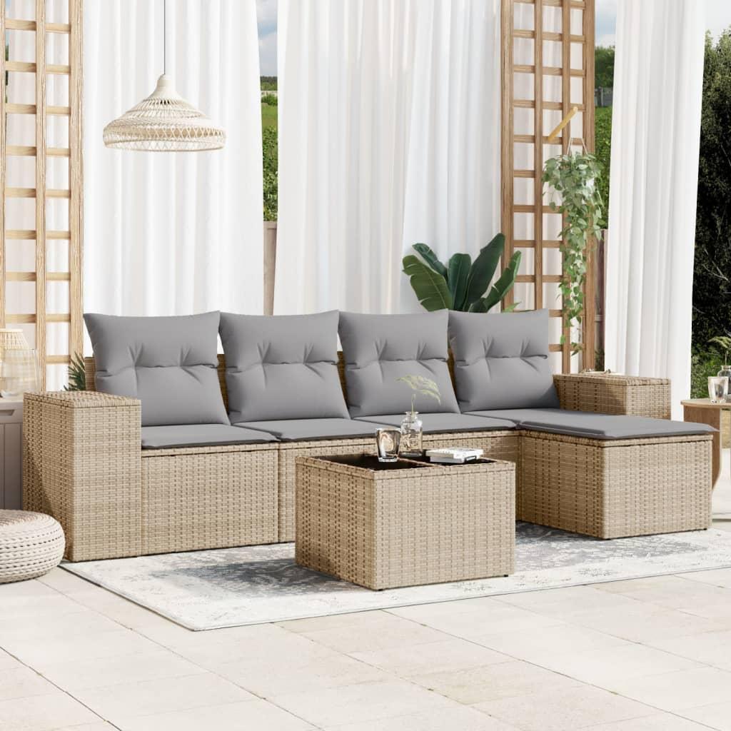 Sofasæt Til Haven 5 Dele Med Hynder Polyrattan Beige - beige og grå / Med bord