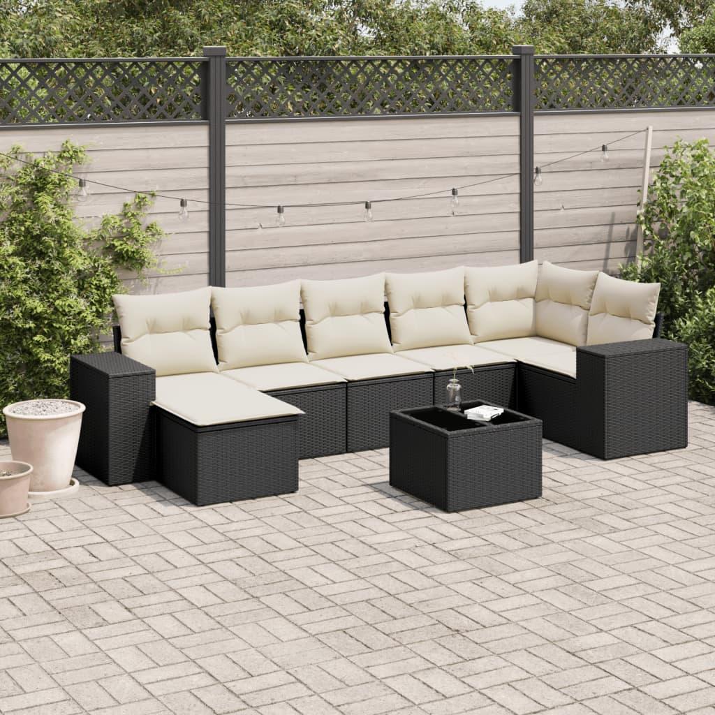 Havesofasæt i polyrattan - 8 dele med hynder, sort