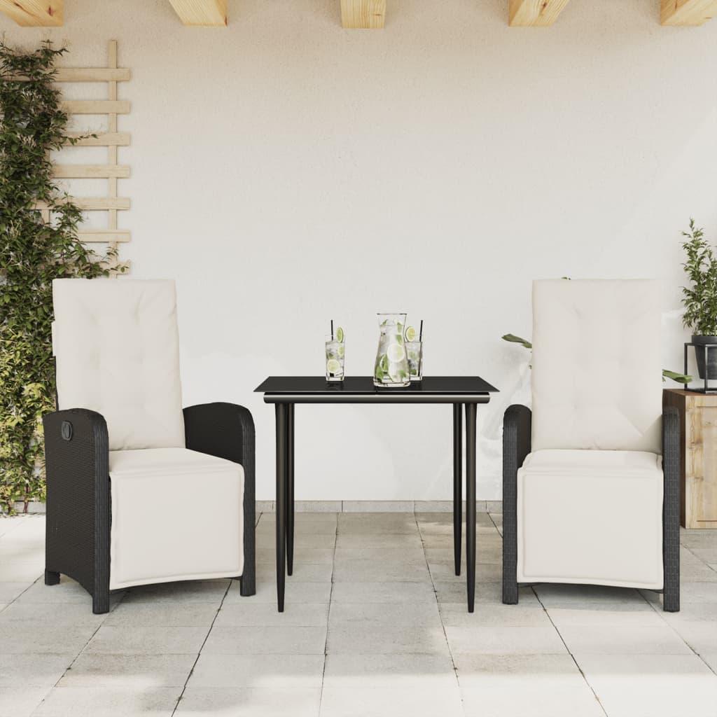 Bistrosæt til haven 3 dele med hynder polyrattan sort