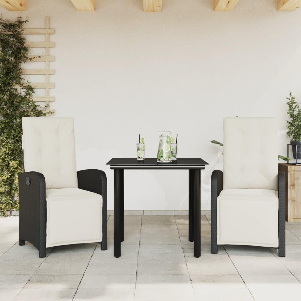 Bistrosæt til haven 3 dele med hynder polyrattan sort