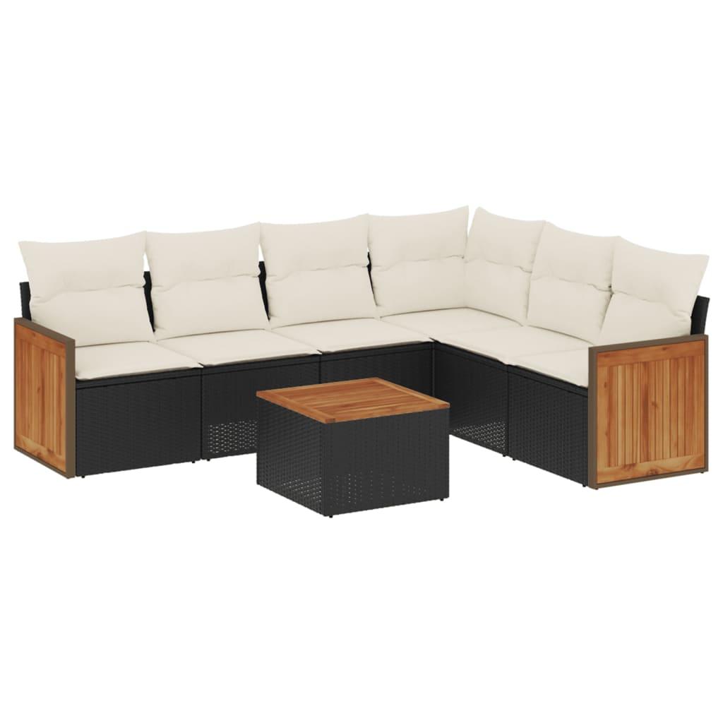Sofasæt til haven i polyrattan - 7 dele med hynder, sort