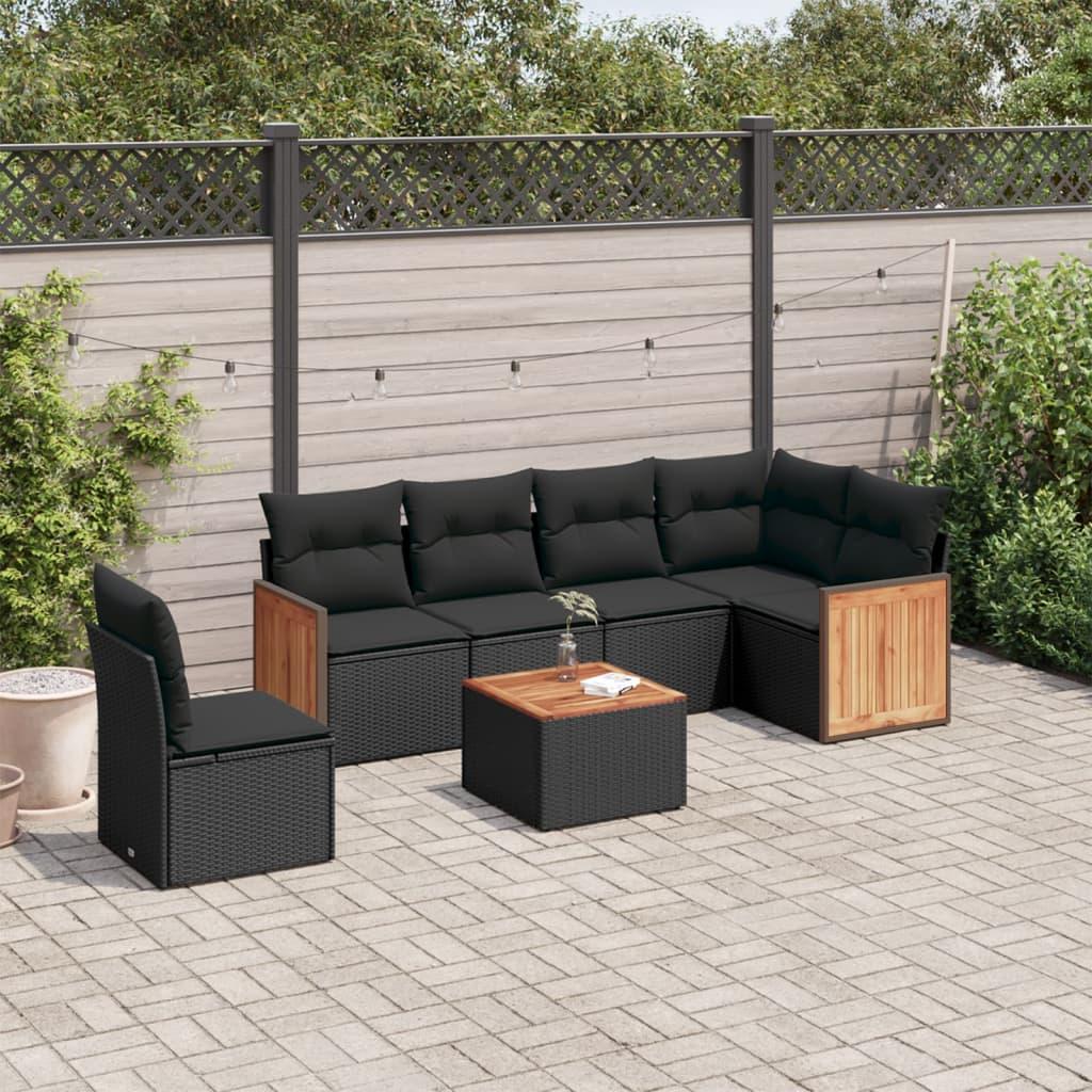 Havesofasæt i polyrattan - 7 dele med hynder, sort