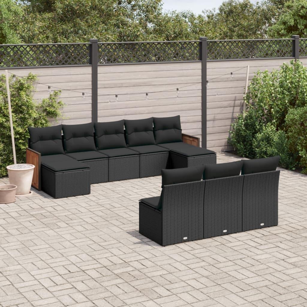 Sofasæt til haven 10 dele med hynder i polyrattan sort