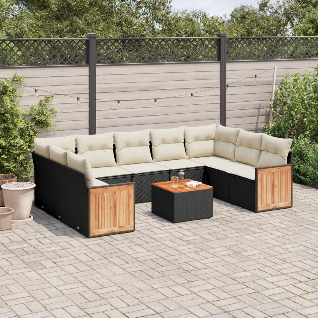 Sofasæt til haven i polyrattan - 10 dele med hynder, sort