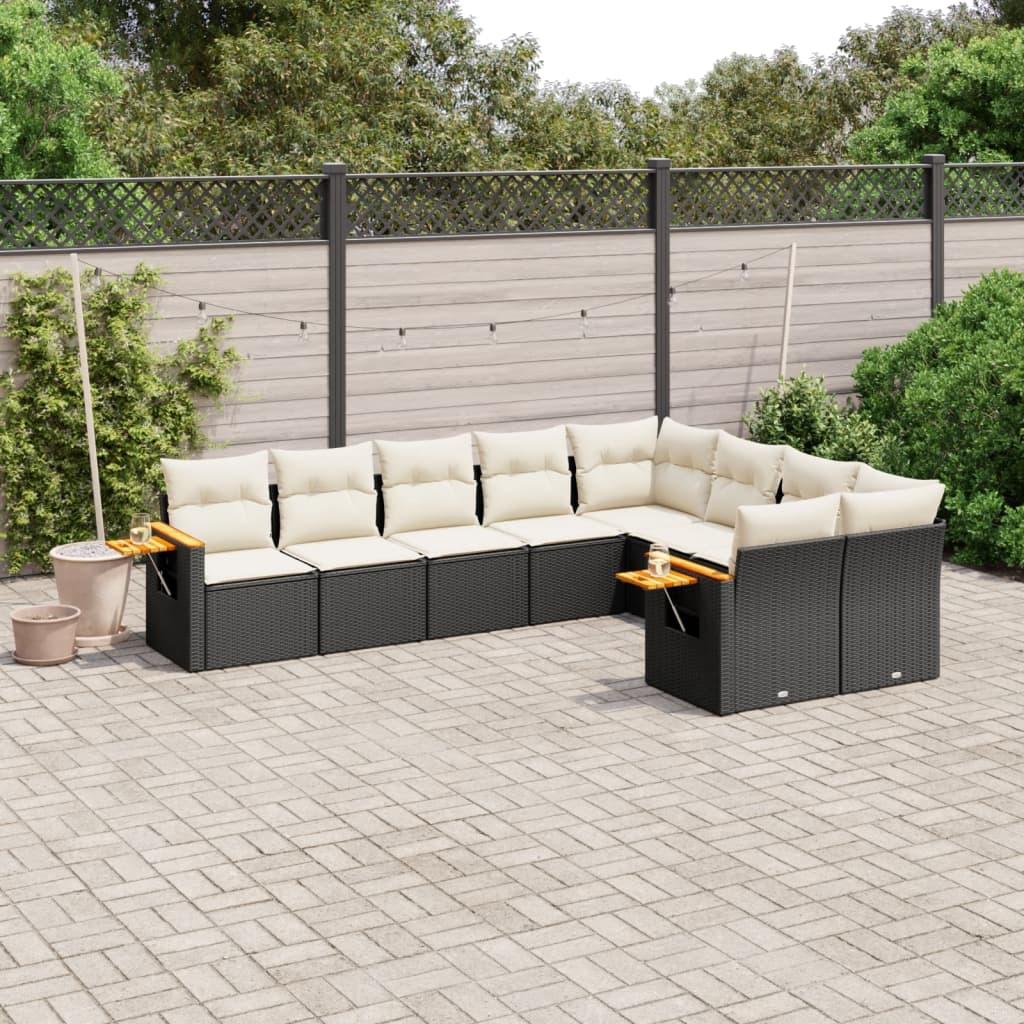 Sofasæt til haven i polyrattan - 9 dele med hynder, sort
