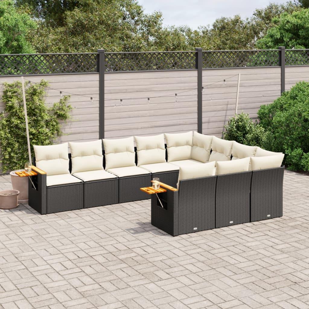 Sofasæt til haven i polyrattan - 10 dele, sort med hynder