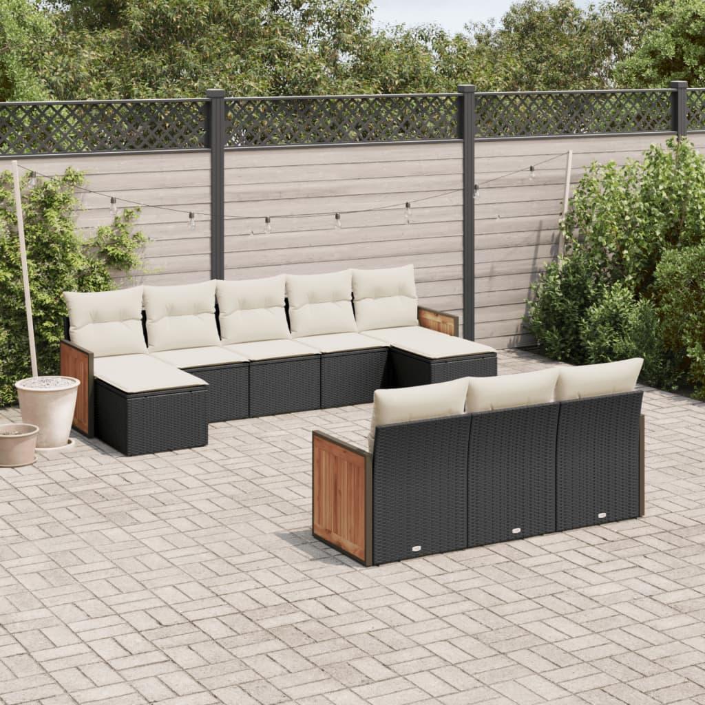 Sofasæt til haven i 10 dele med hynder - polyrattan, sort