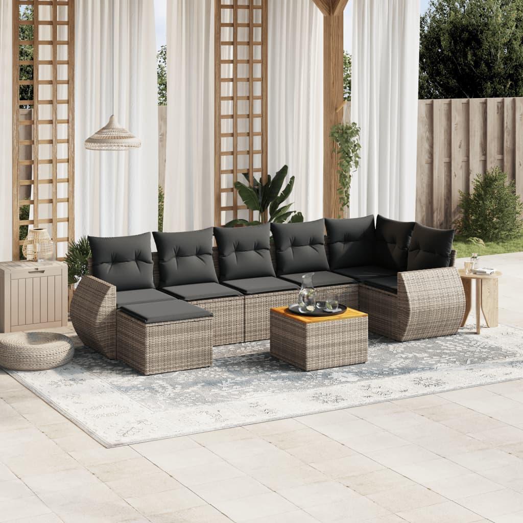 Havesofasæt i polyrattan - 8 dele med hynder, grå